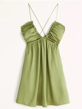 Abercrombie & Fitch Drama V- Neck Ruched Mini Dress Green Satin Size XLT New